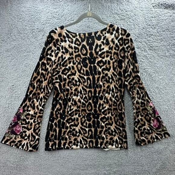 INC XL Animal Print‎ Top Embroidered Floral Design on Bell Sleeves Fabulous Fun - Picture 9 of 10